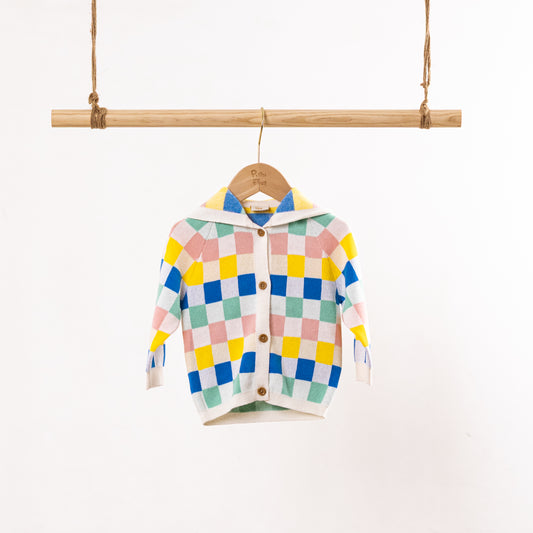 Multi Color Checkers Knittng LS Hoodie Cardigan (6-12M / 18-24M)